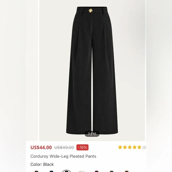 Commense Chic Black Corduroy Wide-Leg Pleated Pants – High Waist - Picture 3 of 4